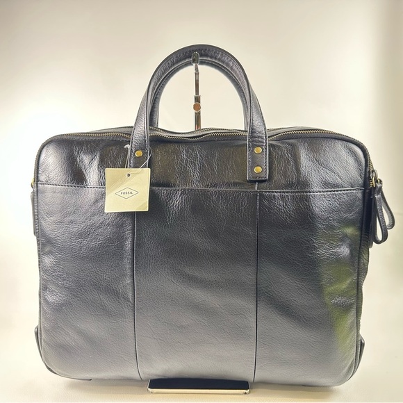 NWT Men’s Fossill HaskellBlack Leather Men's Briefcase/Laptop Bag - Picture 7 of 16